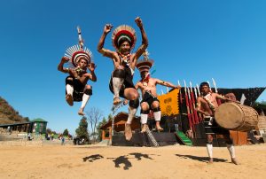 Zeliang Naga Tribesmen of Nagaland, India rehearsing their traditional dance during Hornbill Festival on 10th Dec 2014.