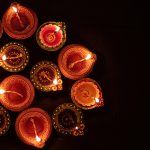 Happy Diwali. Diya oil lamps against dark background,