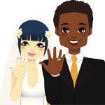 Newlywed multi ethnic couple showing their gold wedding rings