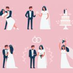 Wedding couple stand, dance and celebrate together.Minimal flat style