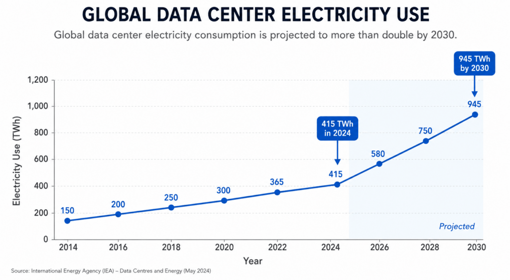 AI's Environmental Impact Explained: How Much Energy, Water and Carbon Does Artificial Intelligence Really Use? Line chart showing global data center electricity use rising from 415 TWh in 2024 to a projected 945 TWh by 2030.