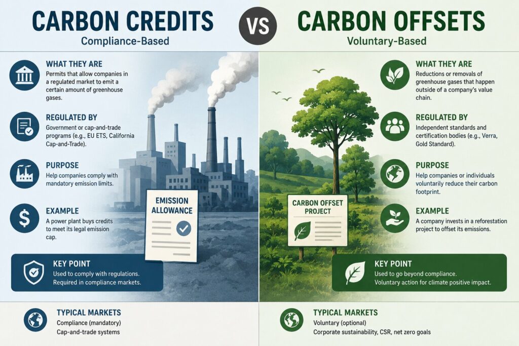Carbon Credits vs Carbon Offsets: Full Guide Carbon credits vs offsets infographic guide