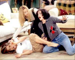 NBC103 1/9/96 -- "FRIENDS" - 'The One After the Superbowl' Part I and Part II -- TELECAST DATE: Sun., Jan. 28 (10-11p.m. ET) --- PICTURED: Jennifer Aniston, Lisa Kudrow, Courteney Cox --- 'FRIENDS' NO MORE? --- Phoebe (Kudrow) has to mediate between Monica (Cox) and Rachel (Aniston) when a fisticuffs breaks out between the two over who gets a date with hunky movie star Jean-Claude Van Damme (not pictured). -- NBC PHOTO: Joey Del Valle.