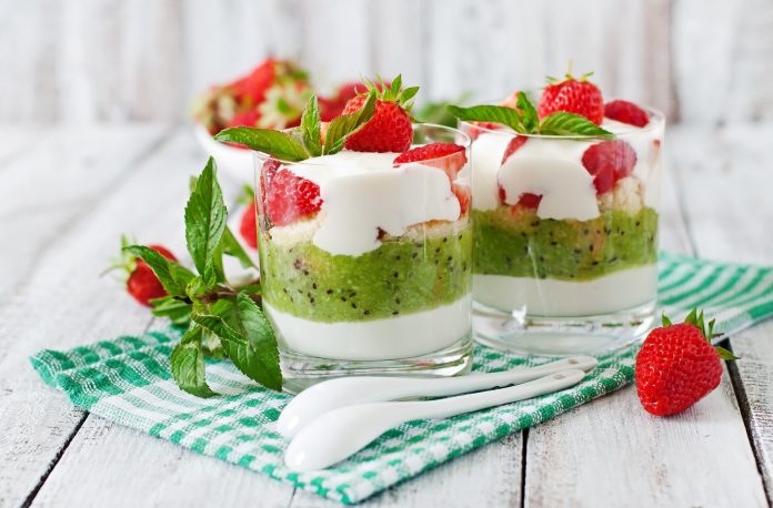 Creamy dessert with strawberries and kiwi