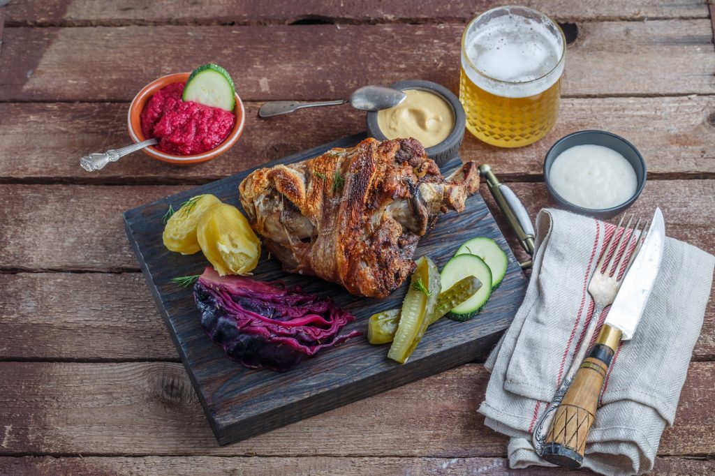 German cuisine eisbein with potato, cabbage and beer