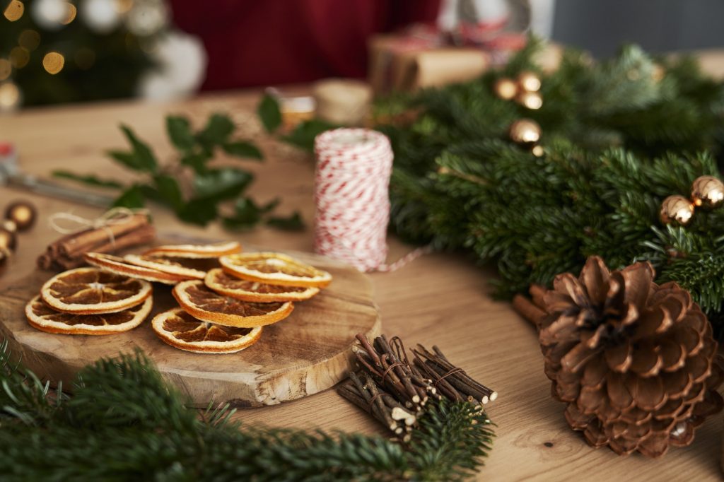 Close up of table full of Christmas decorations