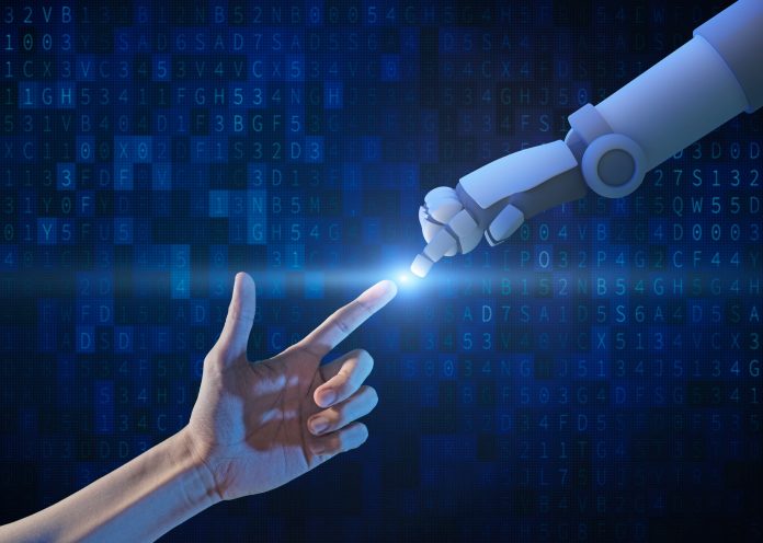 Human hand and robot hand with binary number code and light on blue screen background