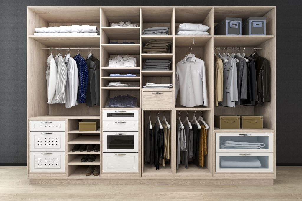 3d rendering minimal scandinavian walk in closet with wood wardrobe