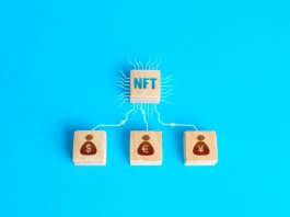 Blocks NFT non-fungible token and money connected by lines. Selling digital assets and art