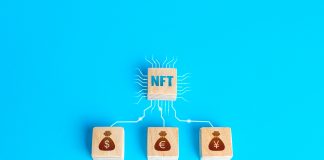 Blocks NFT non-fungible token and money connected by lines. Selling digital assets and art