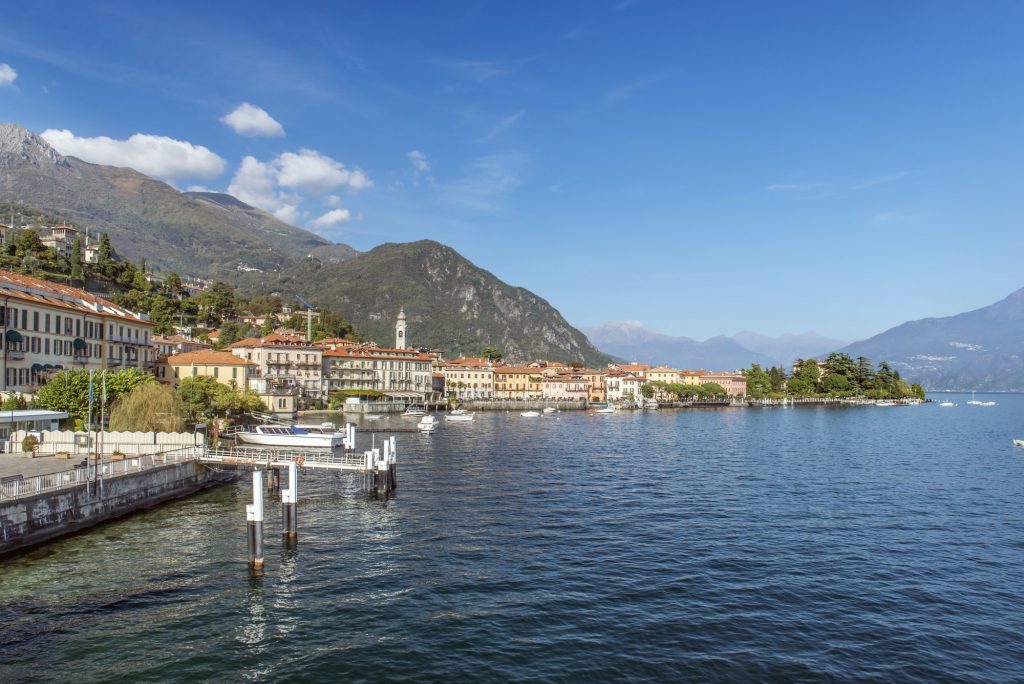 Lake Como and buildings in remote landscape, Menaggio, Como, Italy