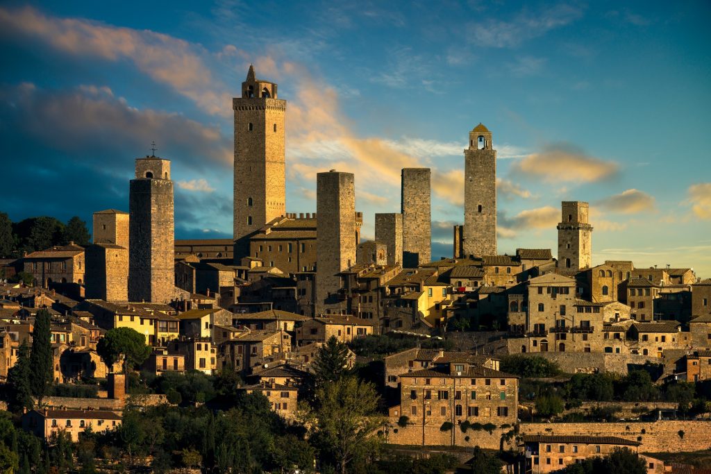 San Gimignano medieval town towers skyline and landscape. Tuscan