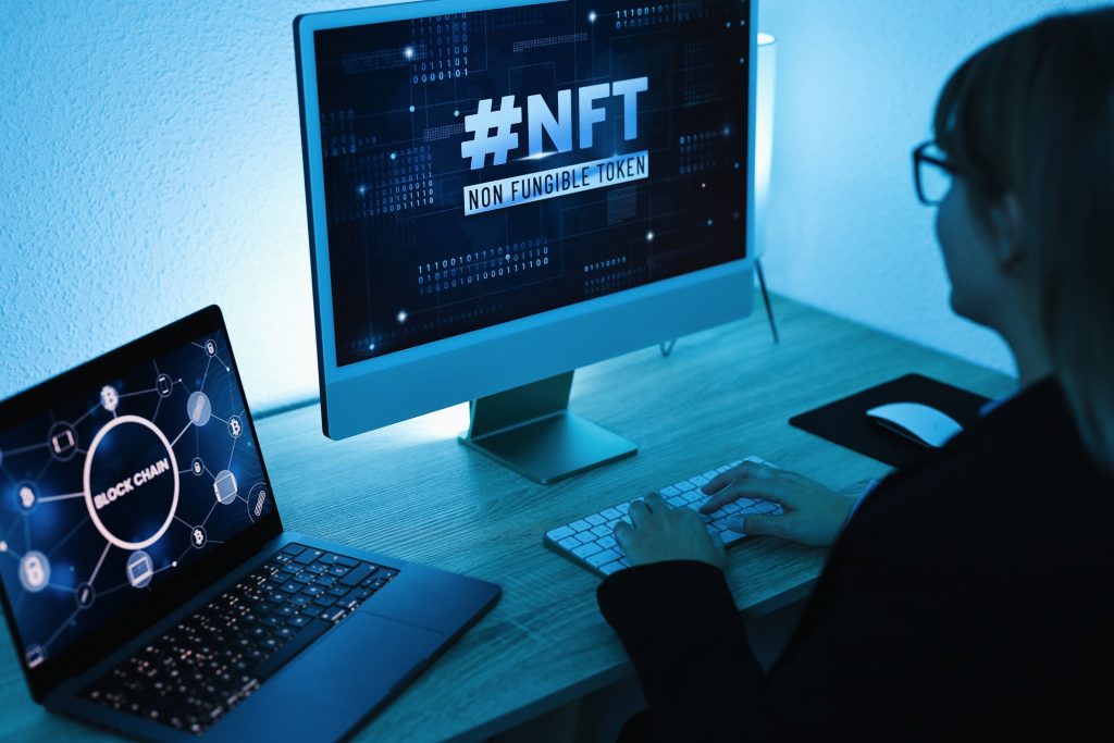 Young woman buying NFT on Blockchain market - New Technology Token Concept