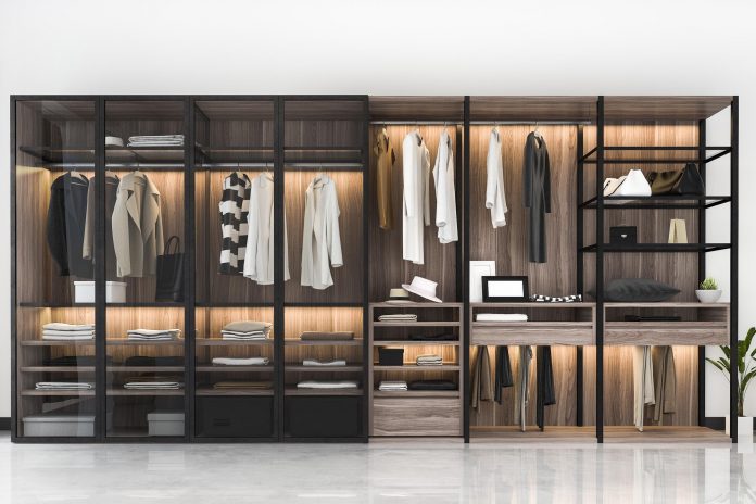 3d rendering minimal scandinavian walk in closet with wood wardrobe