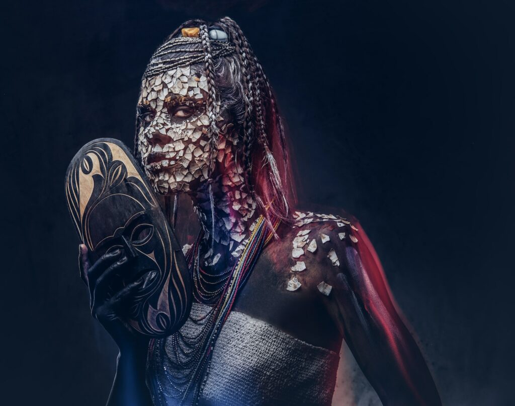 Close-up portrait of a witch from the indigenous African tribe, wearing traditional costume