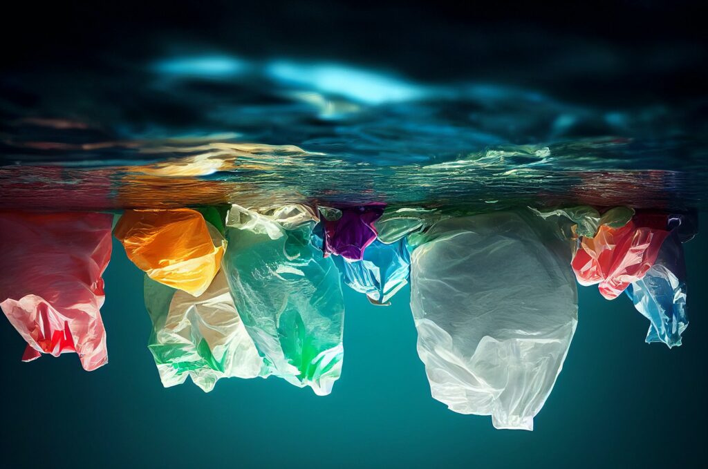 The plastic bags floating in the ocean