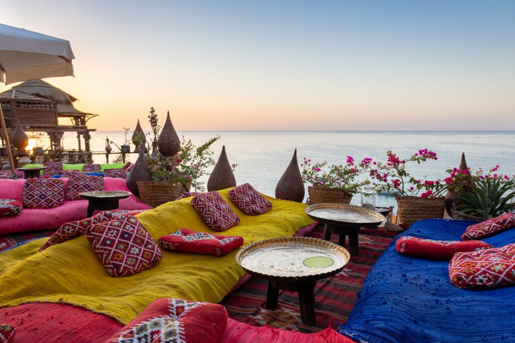 Vintage Arabic oriental cafe. Place to relax on beach Ras Umm El Sid of Red Sea. Sharm El Sheikh, Eg