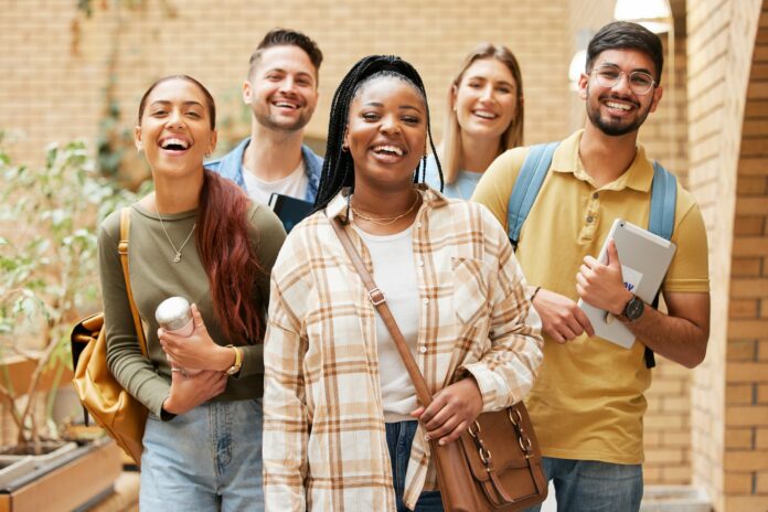 University students, group and portrait of friends getting ready for learning. Scholarship, educati