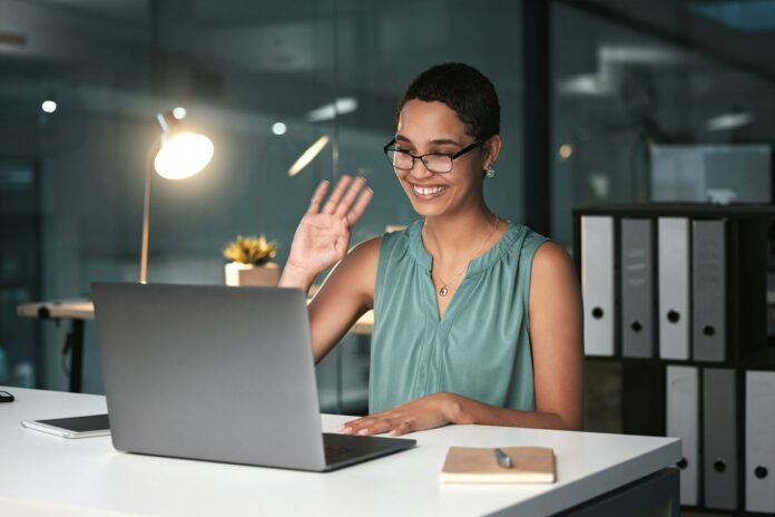 Video call, laptop and black woman in business with virtual meeting, communication and technology.