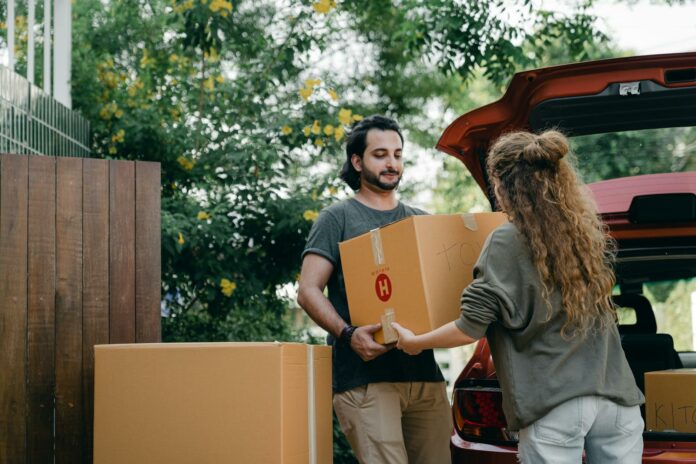 couple passing carton box to each other while unpacking car